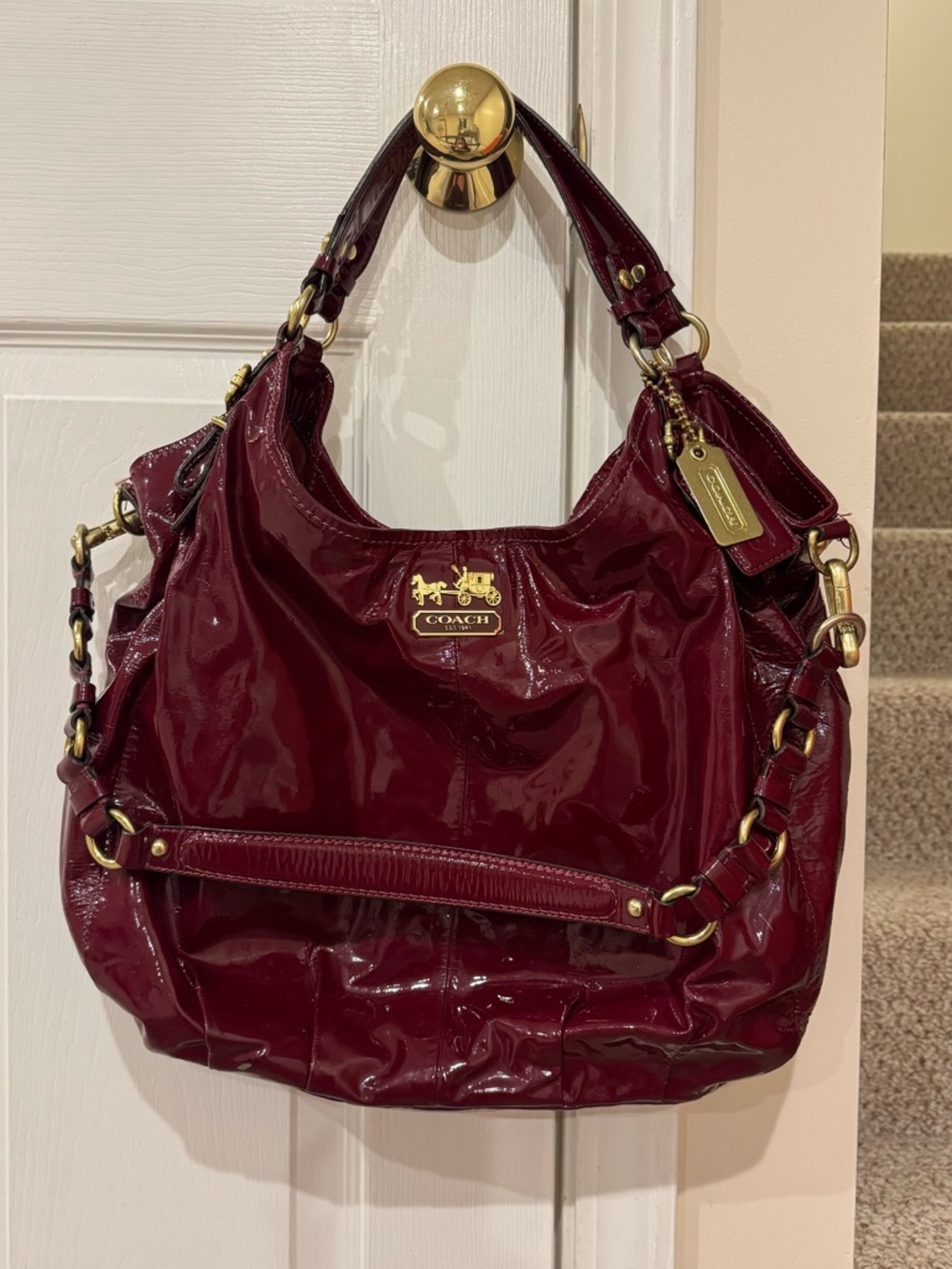 Coach Madison Sophia Patent Leather Hobo Crimson #15991